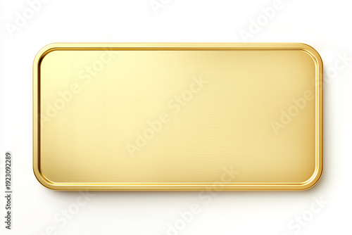 Blank golden metal plate or plaque with rounded corners isolated on a white background. 3D render of a luxury gold nameplate, sign, or button mockup for branding and awards