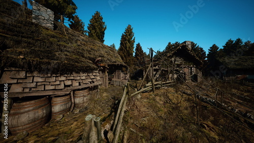 Fotografie riverside ruin with collapsed barn details showing timber boards, mossy foundati