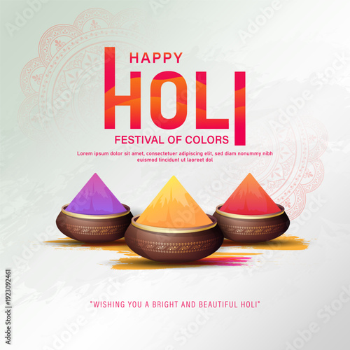 Happy Holi Festival Poster Template Design With Pichkari And Powder Color Bowls. Hindu Festival Of Colors - Holi.