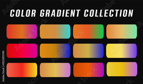 Color Gradient Collection. Includes 12 vibrant rectangular color swatches with smooth transitions. Created in modern style with a diverse multicolor palette.