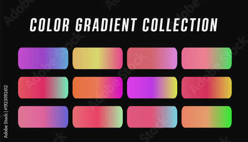 Color Gradient Collection. Includes 12 vibrant rectangular gradient swatches with smooth transitions. Created in a modern style with a diverse multicolor palette.