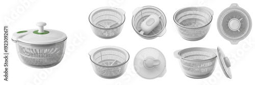 Foto Set and collection of professional white and green manual salad spinners and veg
