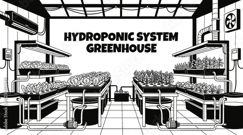 hydroponic greenhouse agriculture farming plant cultivation crop environment irrigation water technology industry design vector illustration