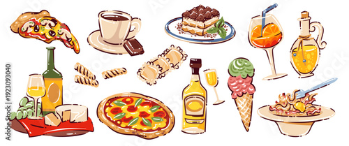 Italian food and dessert icons set. Pizza, pasta, gelato, cannoli, tiramisu, wine, coffee, cheese, sweets and traditional cuisine elements. Food set, cartoon vector illustration.