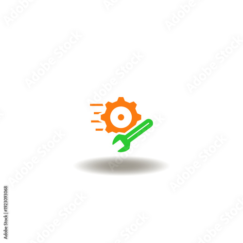 Vector illustration of fast flying gear and wrench. Icon of maintenance. Symbol of engineering and repair service.