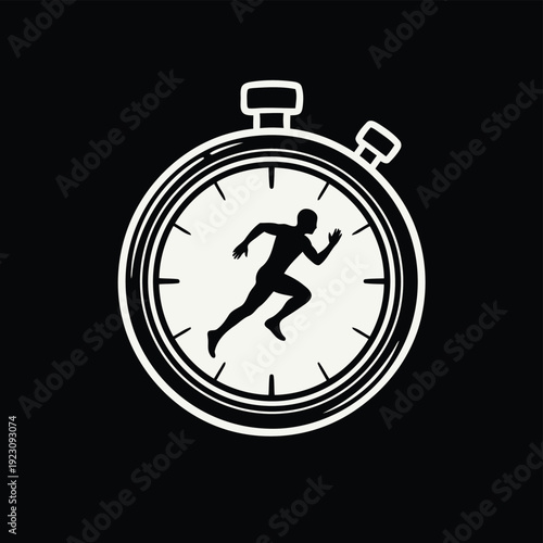 Stopwatch Negative Space Runner – Off-White Minimal Line Art Vector on Black Background Fitness Timing Poster