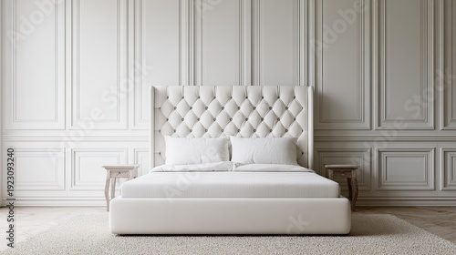 Elegant white bedroom with upholstered bed against a paneled wall background
