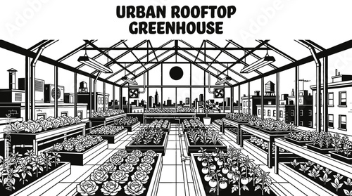 urban rooftop greenhouse agriculture farming plant cultivation crop environment irrigation sustainable city industry design vector illustration