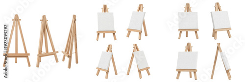 Konstfotografi Set and collection of wooden easel stands with blank white canvas frames in diff