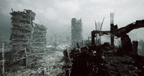 industrial wreck and broken machinery silhouettes against gloomy sky, pipes and girders jut from ruined structures, scattered tools and twisted frames suggest