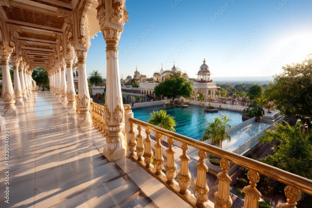 Fototapeta premium Opulent Balcony Overlooking Lavish Palace Grounds at Sunset