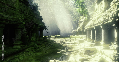 Fotografie Sunlit ruins uncovered, Sunshine reveals ancient jungle sanctuary features, Ligh