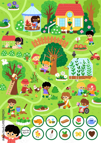 Vector searching game with garden landscape. Find the objects. Spot hidden plant, flower, bee, cat, chick. Rural seek and find printable activity for kids. Spring worksheet with kids gardeners