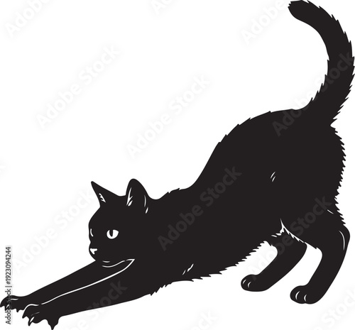 Black cat silhouette stretching isolated on white background.