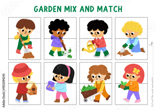 Vector garden mix and match puzzle. Matching activity for preschool kids with children gardeners. Spring printable game with boys, girls doing gardening works, watering, planting, digging