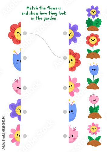Join halves of the flowers. Garden matching activity for children. Spring or summer educational quiz worksheet for kids for attention skills. Printable game with cute smiling kawaii plants