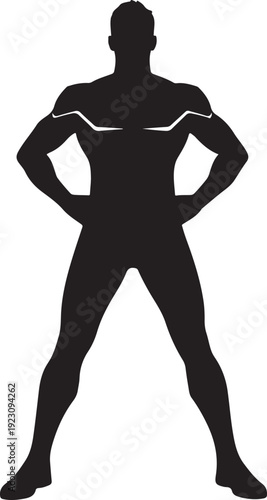  Muscular man silhouette standing with hands on hips isolated on white.
