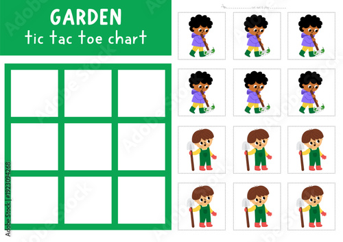 Vector garden tic tac toe chart with kids gardeners. Spring board game playing field. Funny printable worksheet. Noughts and crosses grid with boys with rake and spade