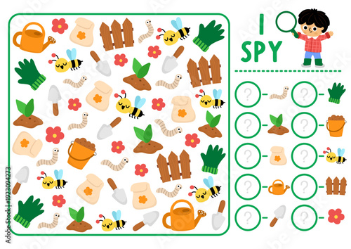 Garden I spy game for kids. Searching and counting activity with gardening tools, glove, watering can, worm. Printable worksheet for preschool children. Simple spring or summer spotting puzzle