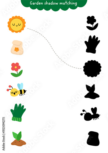 Garden shadow matching activity with sun, seeds, bee, baby plant, glove, flower. Spring puzzle for kids. Find correct silhouette printable worksheet, game, page for children