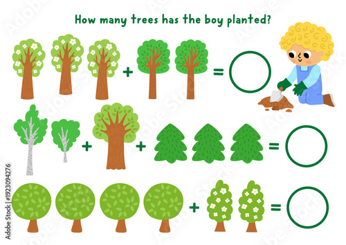 How many trees game with cute boy growing plants. Spring math addition activity for preschool children. Printable counting worksheet for kids with gardener digging earth with spade