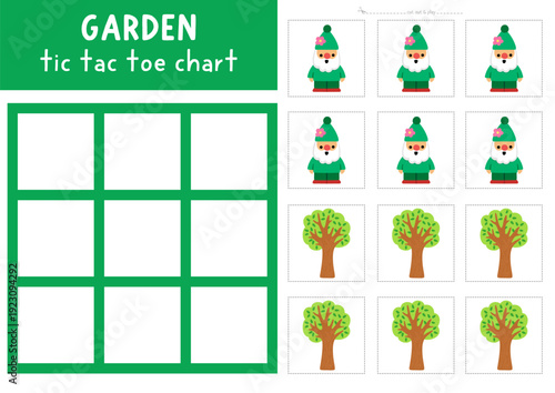 Vector garden tic tac toe chart with gardening gnome and tree. Spring board game playing field with cute symbols. Funny printable worksheet. Noughts and crosses grid