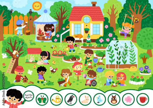 Vector searching game with garden landscape. Find the objects. Spot hidden butterfly, watering can, bird. Rural seek and find printable activity for kids. Spring worksheet with kids gardeners