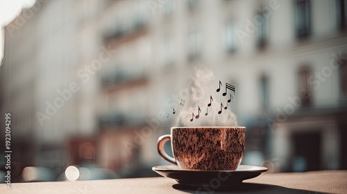 Steaming beverage in a ceramic cup releases musical notes into the soft light of an outdoor setting.