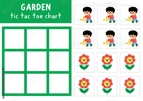 Vector garden tic tac toe chart with kid gardener watering flower. Spring board game playing field with cute character. Funny printable worksheet. Noughts and crosses grid with boy and plant