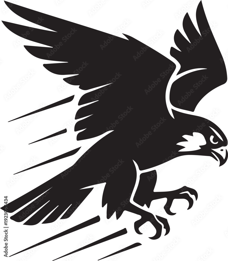 Fototapeta premium Black falcon silhouette diving with speed lines illustration.