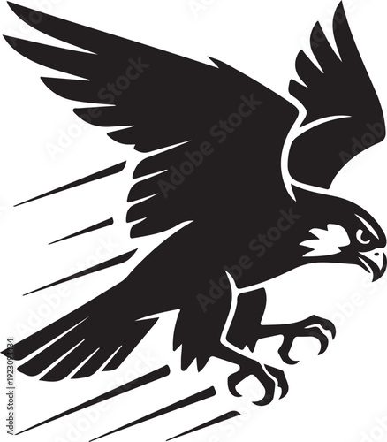 Black falcon silhouette diving with speed lines illustration.