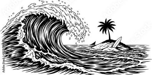 Black and white of a large ocean wave crashing near a small island with a palm tree and surfboard
