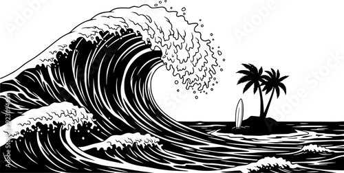 Black and white of a large ocean wave crashing near a small island with a palm tree and surfboard

