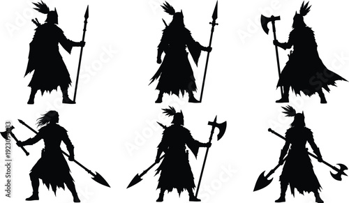 Viking warrior silhouettes collection with axe and spear in various battle poses isolated on white background medieval vector illustration set