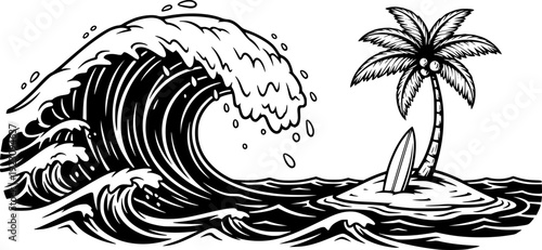 Black and white of a large ocean wave crashing near a small island with a palm tree and surfboard
