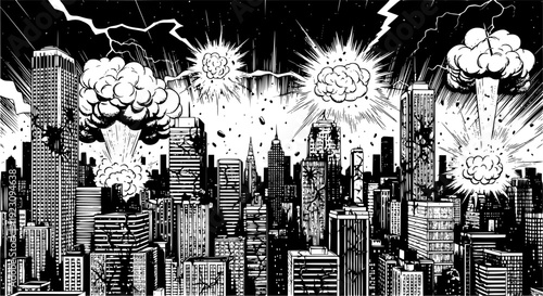 Comic book style of a city skyline with buildings cracking and exploding
