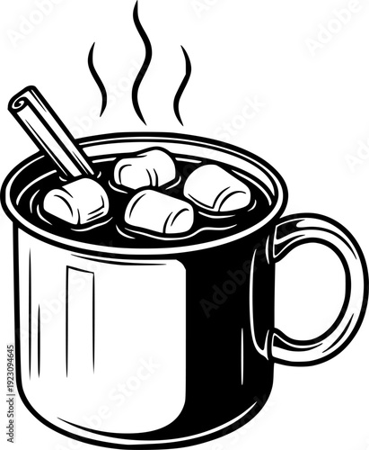   Hot Chocolate with Marshmallows and Cinnamon Stick in Metal Mug cocoa drink
