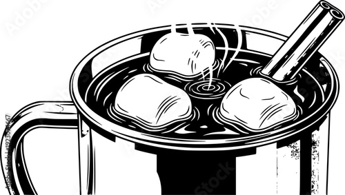   Hot Chocolate with Marshmallows and Cinnamon Stick in Metal Mug cocoa drink
