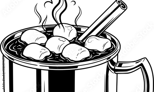   Hot Chocolate with Marshmallows and Cinnamon Stick in Metal Mug cocoa drink
