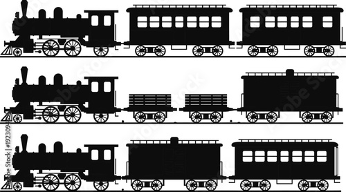 Vintage steam train silhouettes collection with locomotive and passenger freight cars isolated on white background retro railway vector illustration set