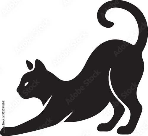 Black silhouette of a stretching cat isolated on white
