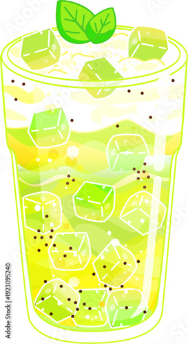 Iced Melon Soda Float with Ice Cream Scoop Basil Seeds and Green Jelly