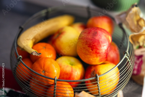 fruit basket (banana, apple, tangerine)