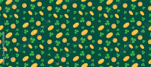Seamless St Patricks Day Pattern with Gold Coins and Shamrocks