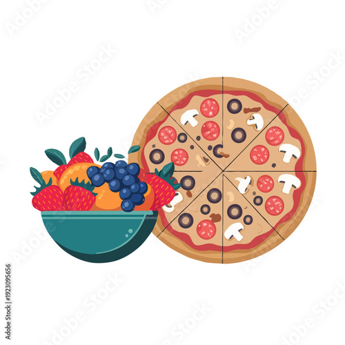 A vibrant illustration of a colorful salad and a delicious pizza on a wooden table isolated on white background, Vector, illustration