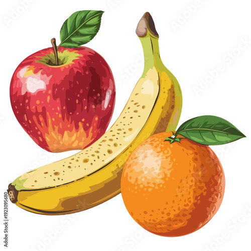 A vibrant display of fresh fruits including apples, bananas, and oranges. isolated on white background, Vector, illustration