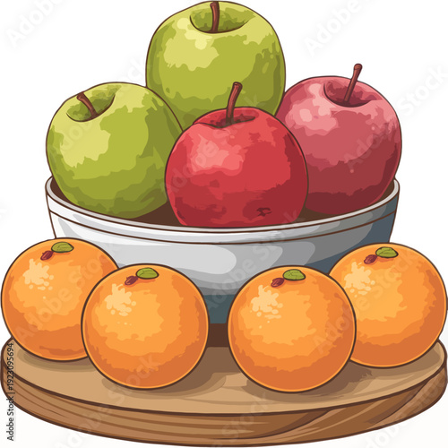 A vibrant assortment of fresh fruits artfully arranged on a wooden cutting board isolated on white background, Vector, illustration