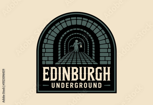 Edinburgh Underground Logo Design Featuring a Ghostly Figure with Lantern in Dark Tones, Mysterious Mood