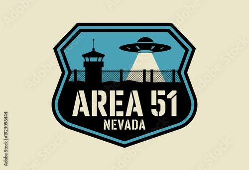 Vintage Area 51 Badge Sticker with UFO and Watchtower in Blue and Black, Mysterious Mood