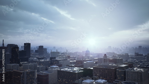 Φωτογραφία city skyline dawn sunlight over skyscrapers, cinematic aerial view with moody bl